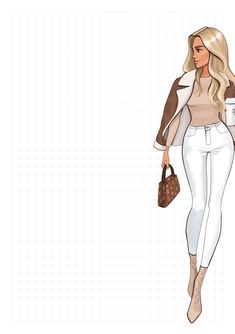 a drawing of a woman in white pants and jacket carrying a brown handbag while walking down the street