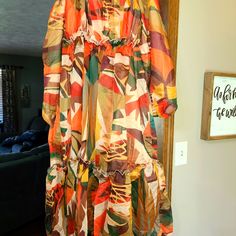 Never Worn..Runs Large..If You Are A 10 Or 12 This Will Be Perfect Fit Multicolor Summer Midi Dress For Casual Occasions, Yellow Printed Maxi Dress For Day Out, Casual Yellow Beach Cover-up Dress, Multicolor Midi Dress For Fall, Yellow Casual Beach Cover-up Dress, Casual Multicolor Print Maxi Dress For Brunch, Orange Long Sleeve Summer Maxi Dress, Casual Yellow Dresses For Fall, Yellow Printed Midi Dress For Day Out