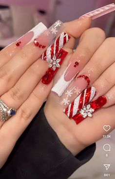 #stripenails #nailsofinstagram #whitenailart Red And Pink Christmas Nails, Red Christmas Acrylic Nails, Red Nails French Tip, Red Nails French, Gem Nail Designs, Nails French Tip, Bunny Nails, Diy Acrylic Nails