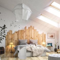 a bedroom with wood paneling, white walls and wooden floors is pictured in this image