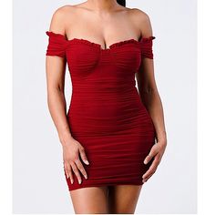 Women’s Burgundy Bodycon Mini Dress. Brand New W/Tags Size: Small Scrunched Style. Includes Back Zipper . Runched Off The Shoulder Measurements: Pit To Pit: 14” Shoulder To Hem: 31” 95%Nylon 5%Spandex & Stretchy Final Sale/ No Returns Red Ruched Off-shoulder Mini Dress, Red Off-shoulder Ruched Mini Dress, Fitted Red Bodycon Dress With Ruffles, Red Fitted Bodycon Dress With Ruffles, Stretch Red Mini Dress With Ruffles, Red Ruched Bodycon Dress In Flirty Style, Red Ruched Bodycon Dress With Flirty Style, Red Stretch Mini Dress With Ruffles, Flirty Red Ruched Bodycon Dress