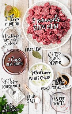 the ingredients to make beef stew are shown on a white wooden table with text overlay