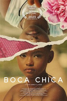 the movie poster for boca chica is shown with torn paper and pink flowers