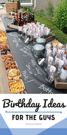 birthday ideas for the guys are displayed on a long table with snacks and beer bottles