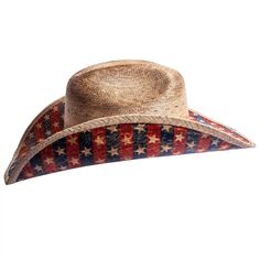 If you love this country, you'll love this Patriot hat! A straw cowboy hat with stars and stripes on the brim with a tasteful black and brown hatband. Also has silver pieces on the hatband Southern Style Fedora For Western-themed Events, Country Style Brimmed Sun Hat For Western-themed Events, Straw Hat Bands For Western-themed Events With Curved Brim, Country Style Brimmed Sun Hat For Western Events, Straw Fedora For Country Events, Country Style Fedora Straw Hat, Straw Hat Bands For Kentucky Derby And Country Events, Adjustable Country Style Top Hat For Country Events, Country Style Adjustable Top Hat For Summer