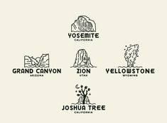 four logos for various types of trees and mountains, with the words yosemite on them