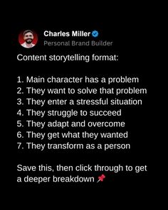 a text message that reads, charles miller's personal brand builder content storytelling format