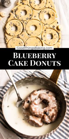 blueberry cake doughnuts in a pan with a spoon on the side and another photo