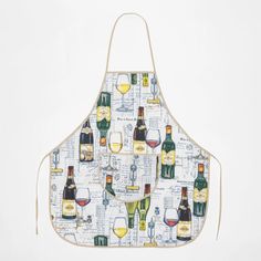 an apron with wine bottles and glasses printed on it, sitting against a white background