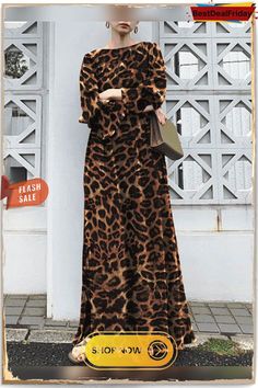 Leopard Print Long Sleeve Crew Neck Maxi Dress Brown Long Sleeve Maxi Dress For Fall, Long Sleeve Brown Maxi Dress For Fall, Casual Leopard Print Maxi Dress For Fall, Chic Leopard Print Maxi Dress For Fall, Fall Chic Leopard Print Maxi Dress, Chic Non-stretch Maxi Dress For Fall, Chic Brown Maxi Dress For Fall, Winter Long Sleeve Maxi Dress For Day Out, Leopard Print Long Sleeve Midi Dress For Fall