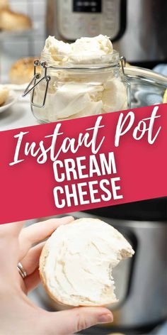 a hand holding a piece of cream cheese in front of an instant pot