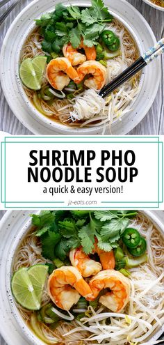 shrimp noodle soup in two white bowls with chopsticks and cilantro