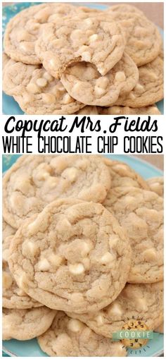 two pictures of white chocolate chip cookies with the words copycat mrs fields written on them