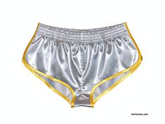 NEW cut - extra short 2.0 This tight fitting extra short and high gloss shiny,  smooth and slippery racer shorts is made of a wet look  amazing silver satin that shimmering wonderfully. The glossy sport shorts is trimmed with yellow shiny satin ribbon. Inside the sportshorts is made with flat-fell seams and the sides are high slotted. The elastic waistband has the typical vintage four row stitching. The size is S - SMALL waist unstretched: 65 cm waist stretchable until 94 cm  Material: hot slipp Short Satin, Satin Shorts, Satin Short, New Cut, Lace Inset, Wet Look, Polyester Satin, Shirt And Pants, Shiny Silver