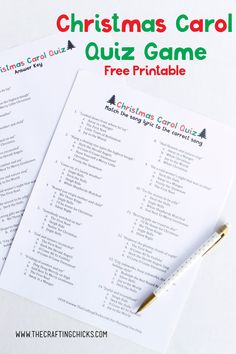 two christmas carol quiz game printables on top of each other next to a pen