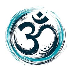 the om shan symbol is painted in blue and black on a white background with splashes