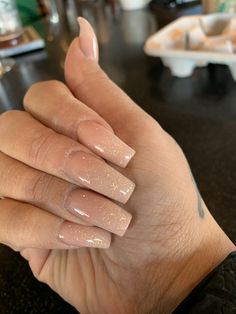 Shimmer Ombre Acrylic Nails, Tan Ombre Nails Acrylic, Rose Gold Nails Acrylic Coffin Long, Ombre Tan Nails, Gold Sparkly Nails Acrylic, Nude And Glitter Acrylic Nails, Tan Sparkle Nails, Light Brown Ombre Nails, Champagne Ombre Nails