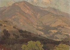 an oil painting of mountains with trees in the foreground