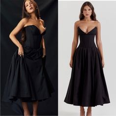 a woman in a black dress and another photo of a woman wearing a strapless dress