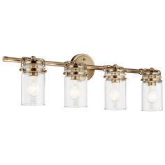 three light bathroom fixture with clear glass jars on the side and gold metal fixtures,