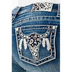 The Grace in LA women's bootcut jean in Easy Fit shows off your best shape by featuring a higher rise. The denim fabric features a softer and higher stretch for exceptional comfort all while maintaining a denim look. The mid-rise creates a form-flattering fit for every curve. The jean is detailed in a steerhead/feather embroidered design on the back pockets, added embellishment on the front pockets, natural hand-sanding, and whiskering. They look like they've been yours forever. Grace in LA wome Embroidered Boots, Kick Flare Jeans, Boot Cut Denim, Blue Outfit, The Grace