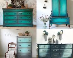 four different pictures of an old dresser with blue paint