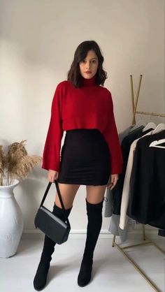 Black Skirt Red Top Outfit Christmas, Christmas Inspired Outfits Casual, Red Christmas Outfits For Women, Fall Red Dress Outfit, Red Sweater And Black Skirt Outfit, Christmas Outfit With Black Skirt, Winter Valentines Day Outfit Night Dates, Christmas Red Outfit Women, Christmas Outfit Ideas For Women Red