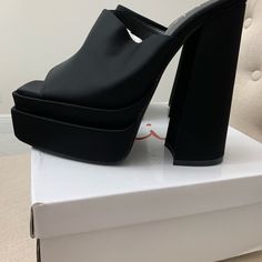 These Are Amazing!!! Heel Height Approx 5.25" Platform Height Approx 2" Platform Sole Chunky Block Heel Lightly Padded Insole Vegan Leather Retail $125 *European Sizes 38/8 **Chic Brand These Mules Are Stunning. Sexy. Soft. Trendy. So Rich Looking!! Bold Round Toe Heels For Night Out, Bold Platform Heels For Night Out, Bold Platform Heels For Formal Occasions, Bold Synthetic Heels For Evening, Bold Evening Heels With Round Toe, Black Chunky Platform Heels For Evening, Black Leather Heels With Removable Insole And Block Heel, Evening Chunky Platform Heels Synthetic, Black Heels With Removable Insole For Night Out