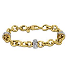 a yellow gold bracelet with diamonds on the clasp and an 18k gold plated chain