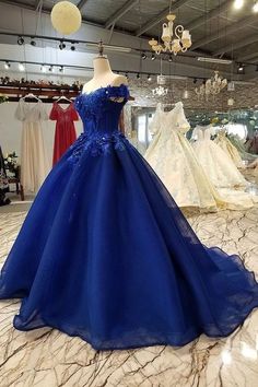 SGD160,Off Shoulder Royal Blue Evening Dresses with 3D Floral Lace Ball Gown Quinceanera Dresses on Storenvy Xv Ideas, Xv Dresses, Ball Gown Quinceanera Dresses, Royal Blue Evening Dress, Fancy Clothes, Dazzling Dress, Blue Ball Gowns, Drawing Prompts, Quince Ideas