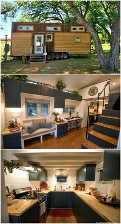 the tiny house is built on wheels and has stairs leading up to it's second floor