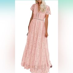 Merokeety Women's V Neck Short Sleeve Floral Lace Wedding Dress Bridesmaid Cocktail Party Maxi Dress New Boho Bridesmaids, Belted Denim Dress, Floral Lace Wedding Dress, Wedding Dress Bridesmaid, Floral Lace Maxi Dress, Bridesmaid Dresses Boho, Dress Light Pink, Party Maxi Dress, Ribbed Maxi Dress