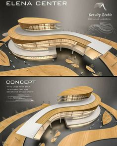 an architectural rendering of a curved building with wooden floors and walls, as well as the floor