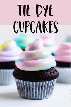 there are cupcakes with frosting on them and the words tie dye cupcakes above it