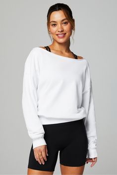 Year Round Terry Off Shoulder Sweatshirt Fabletics white female Activewear >> Womens >> Tops >> Sweatshirts >> Pullovers Terry regular Everyday/Lounge Female Activewear, Off Shoulder Sweatshirt, Pullover Sweatshirts, Classic White, Active Wear For Women, Fashion Forward, Off Shoulder, White And Black, Perfect Fit