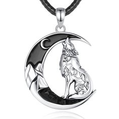 Experience the strength & beauty of the Celtic wolf necklace – crafted with sterling silver for a totally hypoallergenic design that keeps you in good health for the long haul! Accented with black zircon moons, you'll enjoy a timeless look you can wear any day. 🐺🌙 Material: 925 Sterling Silver Finishing: High Polish; Pendant Size :24.6mm*36.6mm；Weight:6.41g; Chain size: 18inch ( 46cm) or 20 inch (51cm) Package: Package Included (To Choose one of 3 Different Sets) 1. 1x Only Pendant+1x Silver C Black Wolf Design Jewelry For Gift, Symbolic Black Necklace With Moon Charm, Black Metal Moon-shaped Jewelry, Black Metal Moon Shaped Jewelry, Black Symbolic Moon Phase Necklace, Black Moon Phase Round Pendant Jewelry, Silver Symbolic Wolf Design Jewelry, Symbolic Silver Wolf Design Jewelry, Sterling Silver Wolf Design Jewelry