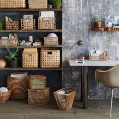 the shelves are filled with wicker baskets and other decorative items, including bookshelves