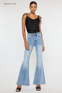 Unleash Your Inner Boho Goddess: The Ultimate Kancan High Rise Super Flare | Rocca & Co Super Flare Jeans, Light Flare, China Fashion, Retro Prints, Light Denim, Premium Denim, Sheer Fabrics, Retro Inspired, Bell Bottoms