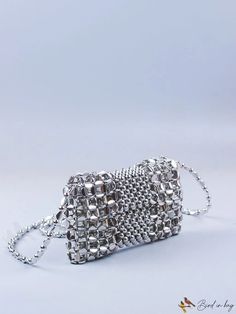 BirdinBag - Hollow Out Beaded Mini Flap Bag - Novelty Design, Sophisticated and Compact Silver Rectangular Bag, Chic Silver Rectangular Shoulder Bag, Rectangular Silver Evening Bag, Silver Rectangular Clutch For Shopping, Silver Square Shoulder Bag For Evening, Silver Square Evening Bag, Beaded Rectangular Shoulder Bag For Formal Occasions, Formal Beaded Rectangular Shoulder Bag, Formal Rectangular Beaded Shoulder Bag