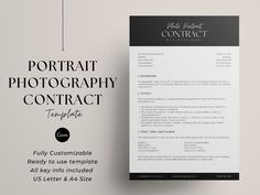 a black and white cover letter is on top of a paper with the words portrait photography contract