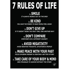 the seven rules of life poster with black and white text, on a black background