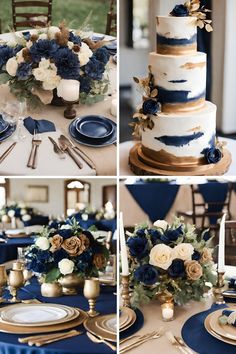 blue and white wedding cake with gold accents, flowers and candles on the table for an elegant reception