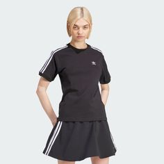 adidas Shop the 3-Stripes Tee - Black at adidas.com/us! See all the styles and colors of 3-Stripes Tee - Black at the official adidas online shop. Running Clothes Women, Black Tees, Model Call, Adidas Originals Women, Womens Workout Outfits, Running Clothes, Striped Tee, Black Adidas, Black Tee