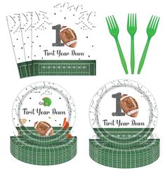 football themed 1st birthday party supplies including plates, forks and napkins with the number one on it