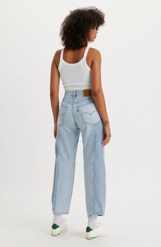 Inspired by '90s dad jeans, this extraroomy pair is made from nonstretch denim with raw-cropped hems and two-tone patchwork construction. 18 1/2" leg opening; 10 3/4" front rise; 15" back rise Zip fly with button closure Five-pocket style 100% cotton Machine wash, tumble dry Imported Dad Jeans, Jean Boyfriend, Levi’s Jeans, Karen Walker, Denim Patchwork, Relaxed Fit Jeans, Patchwork Designs, Levis Jeans, Boyfriend Jeans