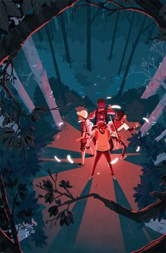 two people standing in the middle of a forest with red light coming from behind them