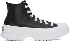 High-top grained leather sneakers in black. Logo patch at inner side. · Round rubber cap toe · Lace-up closure · Eyelets at inner side · Rubberized logo at heel counter · Padded Ortholite™ footbed · Mesh lining · Foam rubber platform midsole · Treaded rubber outsole · Platform: H1.75 in Supplier color: Black/Egret/White Chuck Taylor Lugged, Egret White, Leather Chuck Taylors, Chuck Taylor All Star Lugged, Black Chuck Taylors, All Star Lugged, Black Chucks, Converse Black, Sport Shoes Men