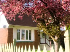 a tree with pink flowers is in front of a brick house and white picket fence