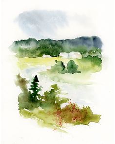 a watercolor painting of trees in the distance