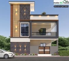 this is a 3d rendering of a modern style house with lights on the windows and balconies